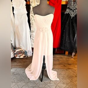 Strapless White Bridesmaid Dress with Floral Waist Detail